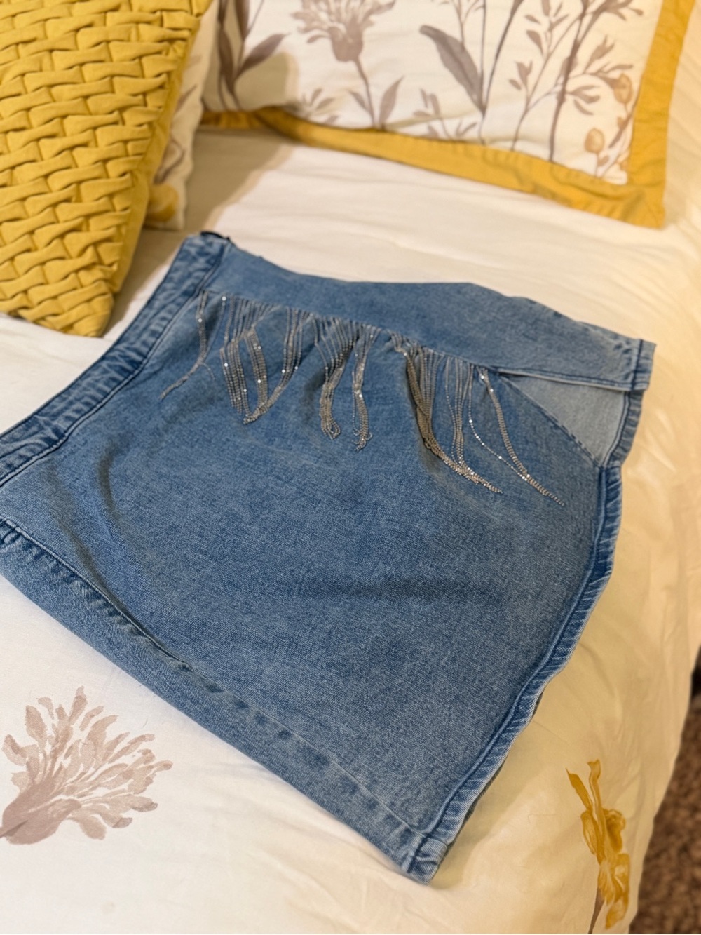 Rock & Roll Cowgirl Blue Denim Mini Skirt with Silver Fringe Accents
